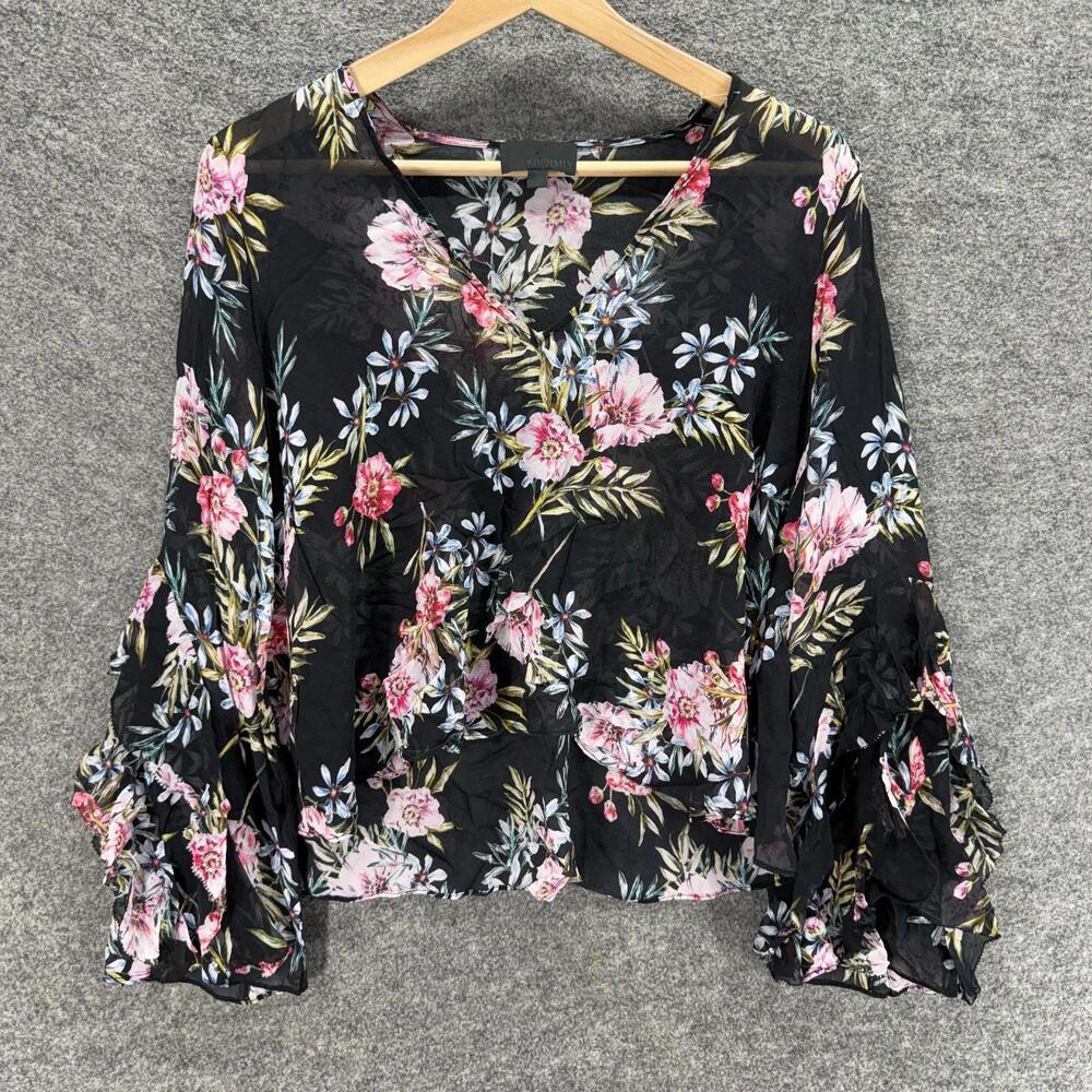 Intermix Blouse Women S Small Black Floral V-Neck Long Sleeve Sheer Silk